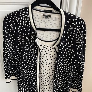 Talbots Black & Cream dot  3/4 Sleeve Cotton Cardigan Tank Set Sweater Size m